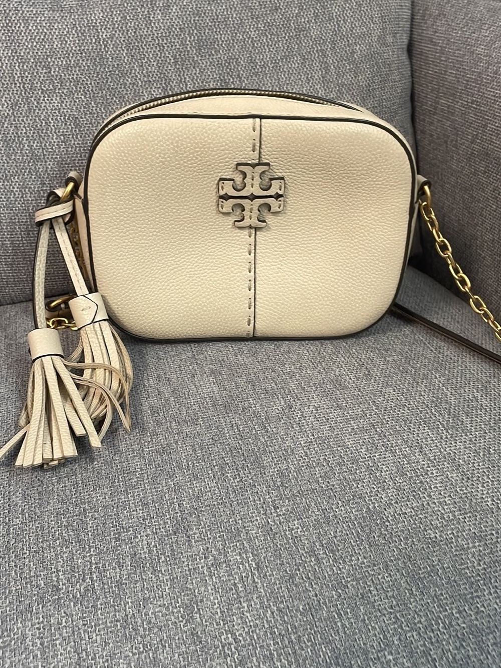 Tory Burch Cream Leather Camera Bag with Tassel and Logo